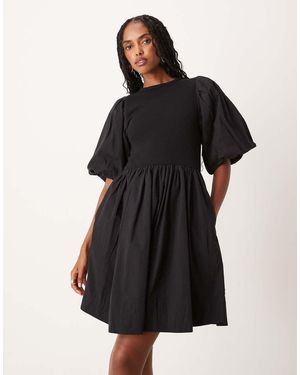 Y.A.S Puff Sleeve Cotton And Jersey Mini Dress - Black