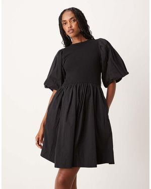Y.A.S Puff Sleeve Cotton And Jersey Mini Dress - Black