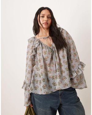 ASOS Asos Design Curve Tie Neck Smock Top With Flare Sleeves - Brown