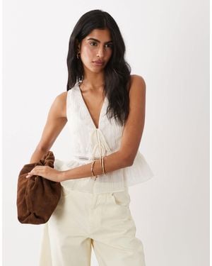 Mango V-neck Lace Trim Sleeveless Top With Bow Detail - Natural