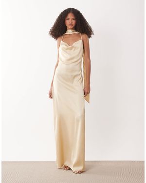 Jdy Cowl Neck Satin Maxi Dress With Open Back And Scarf - Natural