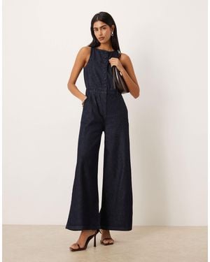 ASOS Wide Leg Denim Jumpsuit With Button Front - Blue