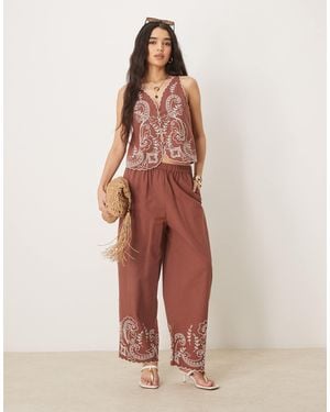 ASOS Linen Blend Wide Leg Scallop Edge Embroidered Pants - Brown