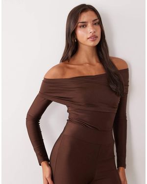 Ruched & Ready Heads Turned Sculpted High Shine Off Shoulder Bodysuit Co-Ord - Brown