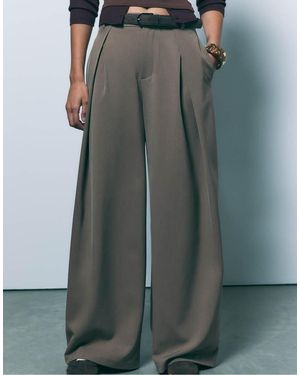 Stradivarius Maxi Darted Trousers With Belt - Grey