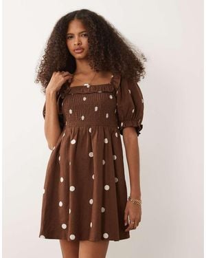 New Look Polka Dot Shirred Frill Trim Mini Dress - Brown