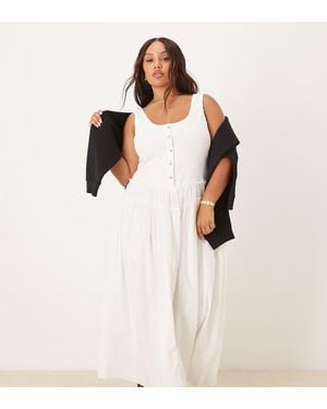 ASOS Asos Design Curve Scoop Button Ribbed Bodice With Poplin Skirt Maxi Dress - Natural