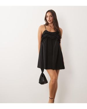 Fashionkilla Exclusive Cotton Rich Poplin Ruffle Hem Cami Top Babydoll Mini Dress - Black