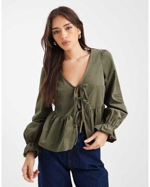 New Look Cord Tie Front Shell Top - Grey