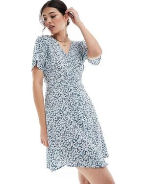 ONLY V Neck Tie Waist Mini Dress - Blue
