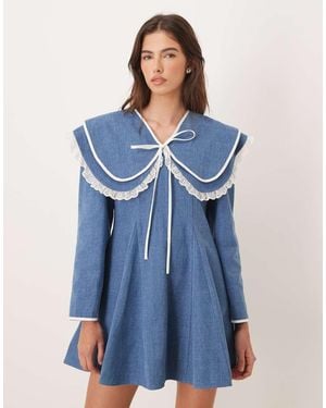 Sister Jane Pure Cotton Oversized Collar Mini Dress With Bow - Blue