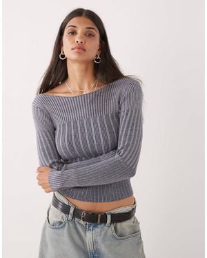 Collusion Knitted Off Shoulder Washed Long Sleeve Top - Gray