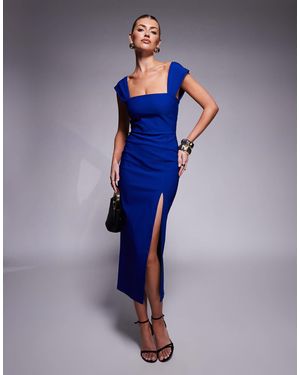 Vesper Bengaline Square Neck Thigh Split Midi Dress - Blue