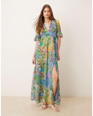 Hope & Ivy Frill Sleeve Thigh Split Open Back Maxi Dress - Green