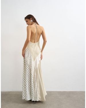 TOPSHOP Halter Neck Lace Insert Maxi Dress Om Contrast And Polka Dot Print-Neutral - White