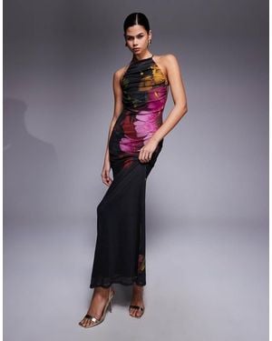 ASOS Mesh Halterneck Strap Back With Trim Maxi Dress - Multicolour