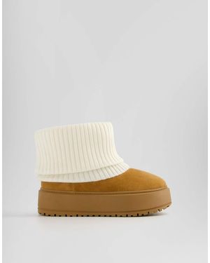 Bershka Sock Style Platform Ankle Boots - Natural