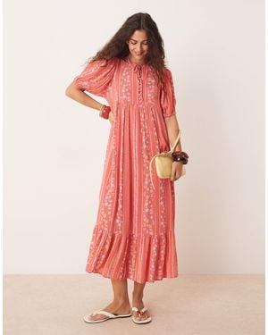 Y.A.S Festival Boho Style Puff Sleeve Maxi Dress With Button Front Detail - Pink
