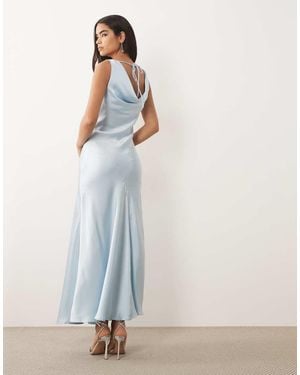 Vila Vestido Largo Azul Claro Con Cuello Halter Desbocado De Satén