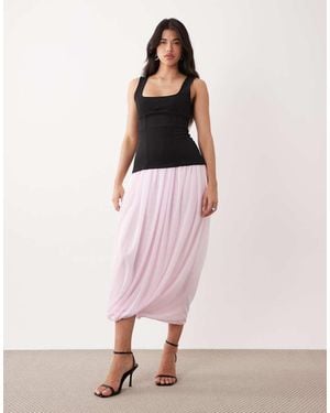 ASOS Off Shoulder Square Neck Corset Maxi Dress With Mesh Bubble Hem - Pink