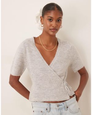 Gina Tricot Short Sleeve V Neck Knitted Wool Alpaca Wrap Tie Front Top - Natural