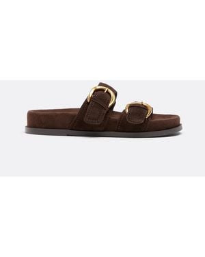 Stradivarius Wide Fit. Flat Leather Buckle Sandals - Brown