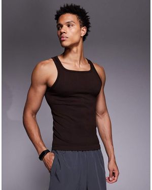 4505 Square Neck Slim Fit Seamless Rib Knit Training Tank Top - Black