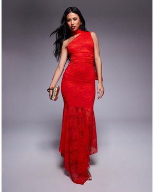Kaiia Exclusivité - - robe longue près du corps double épaisseur en dentelle avec foulard asymétrique et ourlet transparent - Rouge
