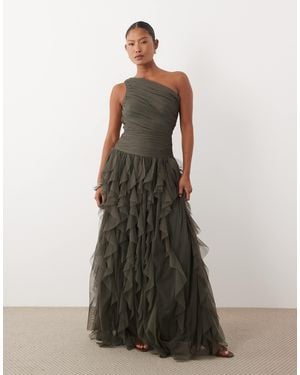 LACE & BEADS One Shoulder Waterfall Ruffle Maxi Dress - Green