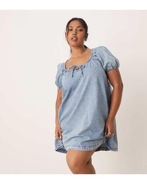 ASOS Asos Design Curve Denim Mini Dress With Puff Sleeve And Tie Detail - Blue