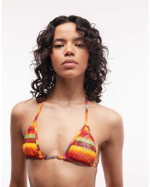 I.AM.GIA Ava Halterneck Diamante Logo Striped Bikini Top - Orange
