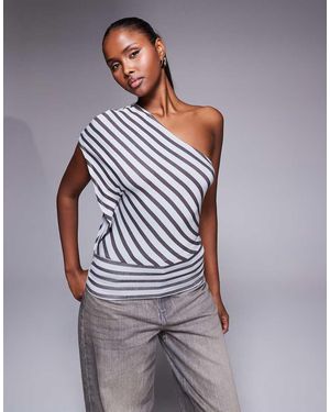 Edikted Asymmetric Striped One Shoulder Top - Grey