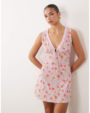 ASOS Slinky V-neck Lace Trim Mini Dress - Pink
