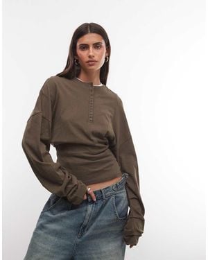 Weekday Henley Long Sleeve Top With Cinched Waist - Brown