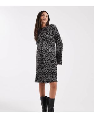 Mama.licious Vestido Corto Gris Plisado Con Estampado De Leopardo Y Cinturón De Mamalicious Maternity-Negro