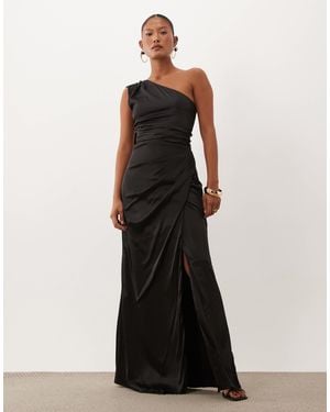 TFNC London Tfnc Bridesmaid Petite Satin One Shoulder Drape Back Split Detail Maxi Dress - Black