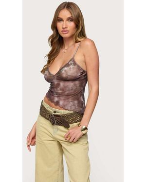 Edikted Embroidered Asymmetric Printed Mesh Top - Natural