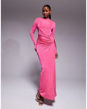 DASKA Stretch Long Sleeve High Neck Twist Detail Maxi Dress - Pink