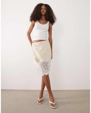 Mango Satin And Lace Knee Length Skirt - Natural