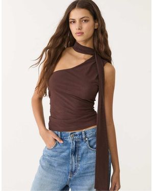 Stradivarius Asymmetric Tulle Top With Scarf - Brown