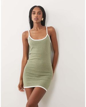 SNDY'S Vestido Mini De Punto Con Mezcla Rica En Algodón, Ribetes En Contraste Y Cuello Redondo En, Conjunto-Verde