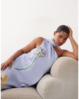 ARRANGE Curve Botanical Floral Embroidered One Shoulder Maxi Dress - Blue