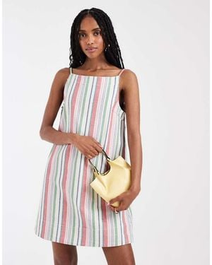 Pieces Denim Mini Jurk Met Vierkante Hals En Retro Strepenprint Met Wassing - Wit