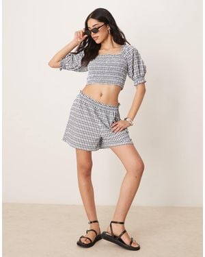 ASOS Shirred Seersucker Square Neck Puff Sleeve Top Co-ord - Natural
