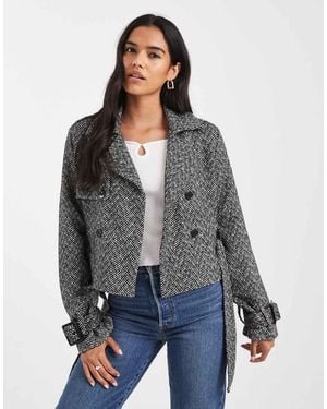 Wednesday's Girl Double Breasted Herringbone Cropped Jacket - Grey