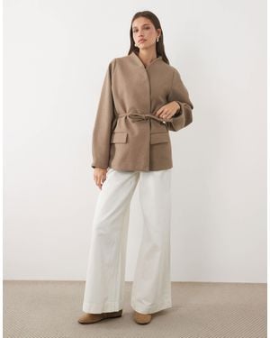 Threadbare Mock Wool Collarless Belted Blazer - Natural