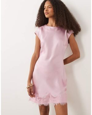 ASOS Slash Neck Satin Mini Dress With Lace Hem - Pink
