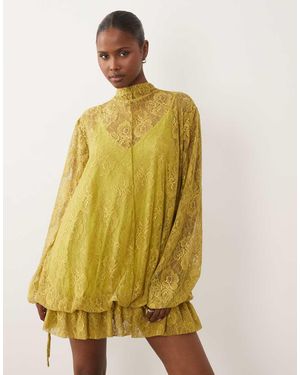 ASOS Kanten Mini-Jurk Met Blousonmouwen En Zoomdetail - Geel