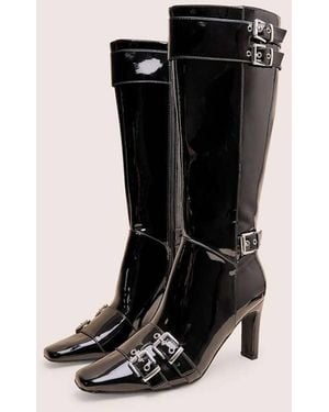 Public Desire Ines Patent Buckle Detail Knee High Heeled Boots - Black