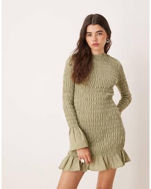 Glamorous Long Sleeve Shirred Mini Dress - Natural